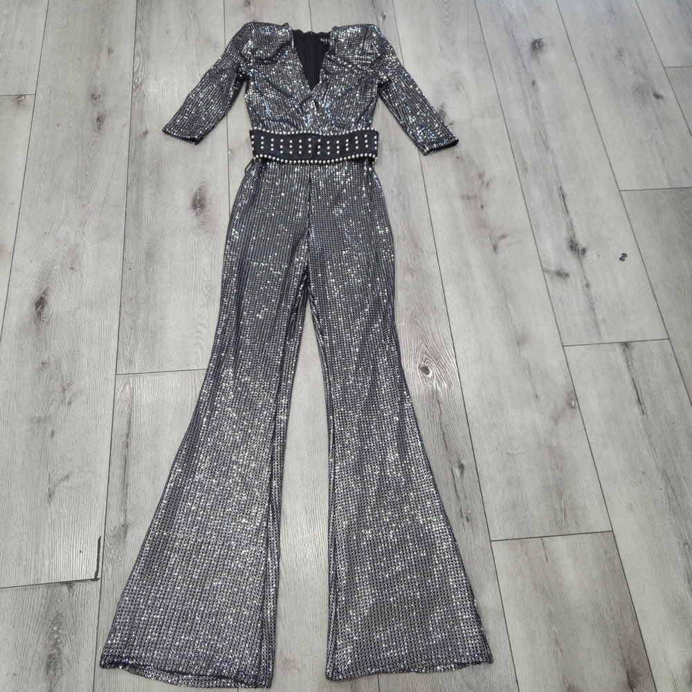 NADINE MERABI Silver Sequin Wide-Leg Jumpsuit with Studded Waist